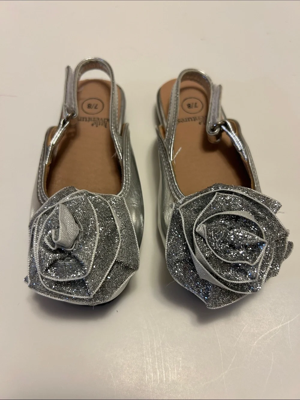 Little Adventures Silver Glitter Flower Girls' Slingback Flats - Size 7/8Toddler